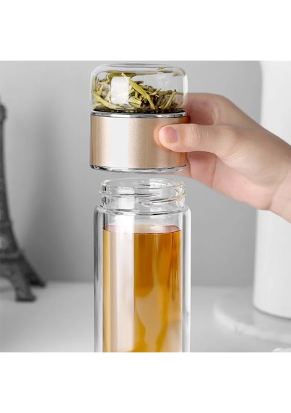 Altın 390ML 390ML Çay Su Şişesi Yüksek Borosilikat Cam Çift Katmanlı Çay Su Bardağı Demlik Tumbler Drinkware Çay Filtreli Su Şişesi (Yurt Dışından)