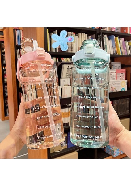 Degrade Yeşil 2000 ml 2 Litre Samanlı Su Şişesi Kawaii Sevimli Içme Spor Şişeleri Kızlar Için Zaman Işaretleyici ile Su Sürahisi Drinkware Açık Fincan (Yurt Dışından)