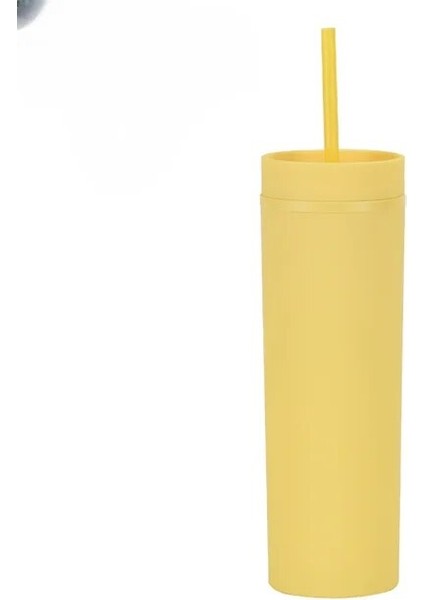 Sarı 2 Adet 450ML Çift Katmanlı Plastik Bardak Basit Kauçuk Boya Su Bardağı Mühürlü Düz Pipetli Bardak Çok Renkli Mühürlü Sızdırmaz (Yurt Dışından)