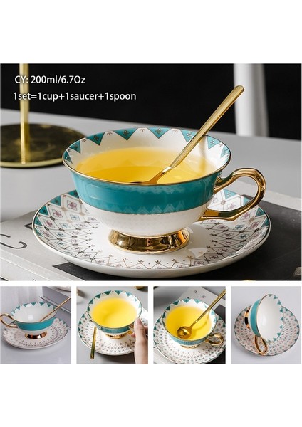 Mavi Elmas 200 ml Avrupa Asil Kemik Çini Kahve Fincanı Tabağı Kaşık Seti 200 ml Lüks Seramik Kupa Üst Sınıf Porselen Çay Bardağı Cafe Parti Drinkware (Yurt Dışından)