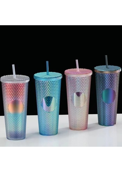Stil-A 710ML 710ML Çift Katmanlı Kahve Fincanı Samanlı Kapaklı Elektroliz Durian Fincan 24OZ Elmas Kravat Glitter Fincan Soğuk Içecek Bardak Şişe (Yurt Dışından) fırsatları