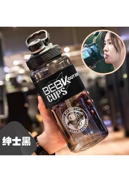 Siyah 3l 2 Litre Motivasyon Su Pipetli Şişe Içme Şişesi Büyük Kapasiteli Spor Sürahiler Taşınabilir Seyahat Spor Plastik Su Bardağı (Yurt Dışından)