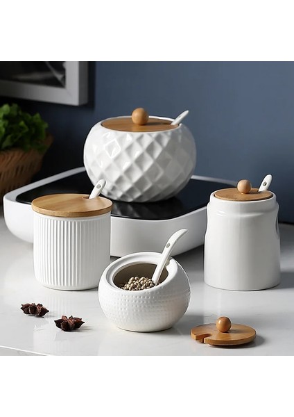 K Seramik Baharat Pot Mutfak Malzemeleri Kutusu Ev Kombinasyonu Mutfak Malzemeleri Şişe Yağ Tuz Potu, Bambu Tabanlı 3 Takım (Yurt Dışından)
