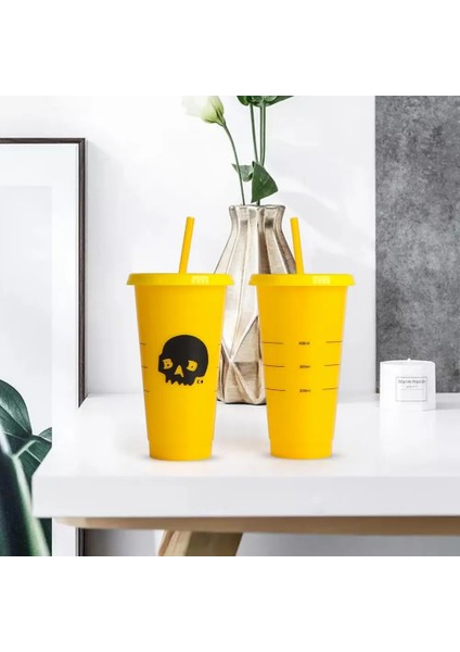 Sarı 710 ml Saman Bardak Saman Kapaklı Su Bardağı Renk Değişikliği Su Kupa Tumbler Plastik Bardak Içme Bardağı Vaso Con Tapa Y Pajita (Yurt Dışından)
