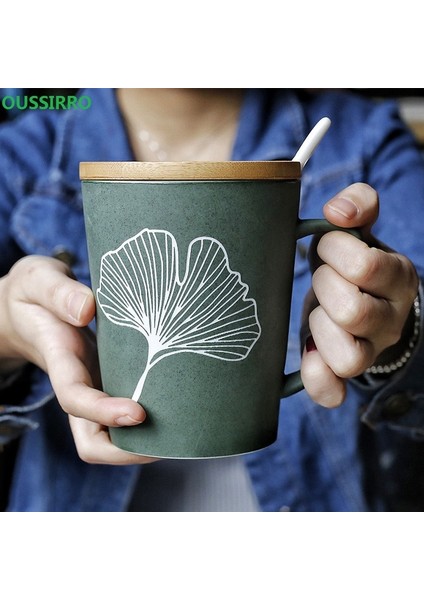 D 350ML 350/520ML Yaprak Desen Seramik Kahve Kapaklı Kupa Kaşık Büyük Kapasiteli Buzlu Su Bardağı Ofis Kahve Çay Bardağı Mutfak Eşyaları (Yurt Dışından)