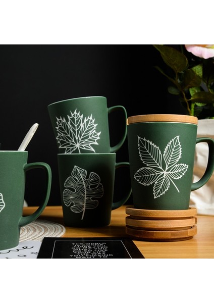 D 350ML 350/520ML Yaprak Desen Seramik Kahve Kapaklı Kupa Kaşık Büyük Kapasiteli Buzlu Su Bardağı Ofis Kahve Çay Bardağı Mutfak Eşyaları (Yurt Dışından)