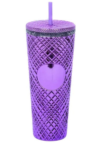 Kaplama Mor - B 710ML - Logo Yok Yaratıcı 700ML 710ML 22OZ 24OZ Yeniden Kullanılabilir Çift Duvar Elmas Kafesli Plastik Pipetli Bardak Kahve Kupa Yok Starbks Logosu (Yurt Dışından)