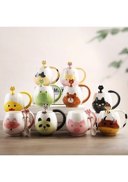 Buzağı 450 ml El-Boyalı Kahve Fincanı Karikatür Güzel Panda Kurbağa Kedi Tilki Domuz Seramik Kupa Çiftler Çocuk Içme Çay Fincanı Çay Kaşığı Dahil (Yurt Dışından) fırsatları