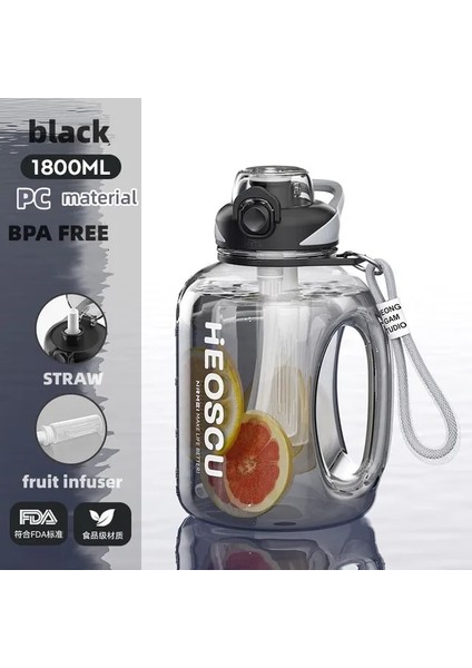 LD-BLACK-1800PC 1700-2500ML Su Şişesi 2 Litre Tritan Malzeme Hassas Ölçekli Taşınabilir Büyük Kapasiteli Su Şişesi Erkekler Kadınlar Için Spor Spor (Yurt Dışından)