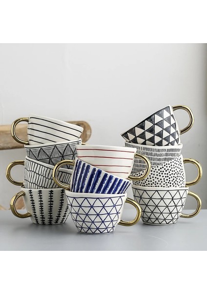 Dikey Şerit 100-350ML Iskandinav Lüks Kupa Altın Saplı Geniş Ağızlı El Boyalı Geometrik Seramik El Yapımı Düzensiz Bardaklar Süt Çay Yulaf Ezmesi Kahve Kupa (Yurt Dışından) fiyatları