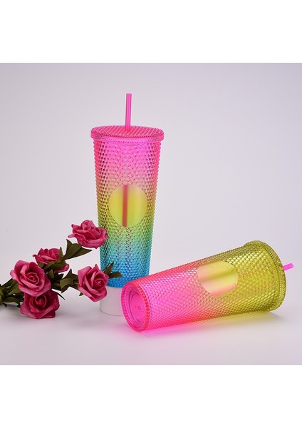 Renk-06 Logo'lu Kapaklı ve Pipetli Plastik Bardaklar 710ML Yaz Soğuk Su Bardağı Çift Duvar Elmas Radyant Tanrıça Saman Bardak Kahve Kupa (Yurt Dışından)