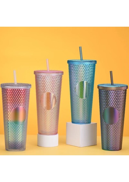 Renk-06 Logo'lu Kapaklı ve Pipetli Plastik Bardaklar 710ML Yaz Soğuk Su Bardağı Çift Duvar Elmas Radyant Tanrıça Saman Bardak Kahve Kupa (Yurt Dışından)