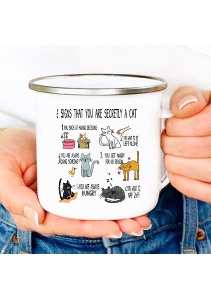 XH15423-A015WH-8 Gizlice Bir Kedi Olduğunu Gösteren 6 Işaret Baskı Kupalar Komik Yaratıcı Kahve Emaye Bardak Içecek Süt Kupa Kolu Drinkware Kedi Lover Hediye (Yurt Dışından)