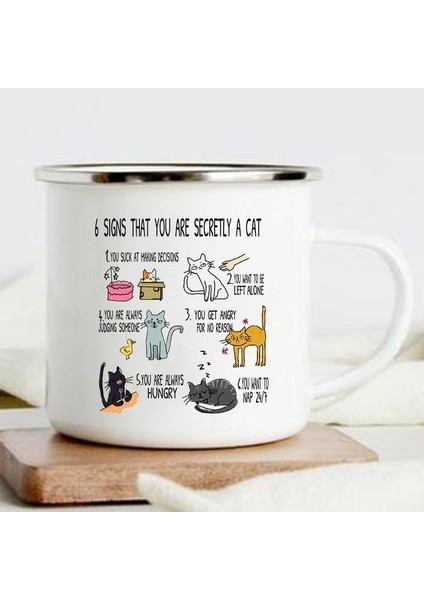 XH15423-A015WH-8 Gizlice Bir Kedi Olduğunu Gösteren 6 Işaret Baskı Kupalar Komik Yaratıcı Kahve Emaye Bardak Içecek Süt Kupa Kolu Drinkware Kedi Lover Hediye (Yurt Dışından)