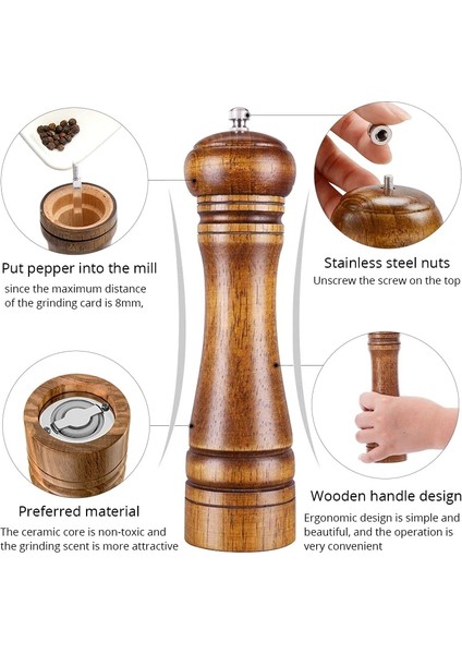 M (8 Inç) Konco Ahşap Karabiber Değirmeni, Güçlü Ayarlanabilir Seramik Değirmeni ile Tuz ve Karabiber Değirmeni El Çalkalayıcı Baharat Öğütücüler Mutfak Aracı (Yurt Dışından)