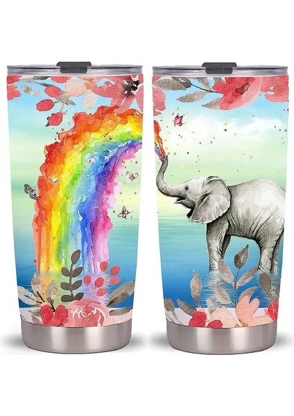 Stil 7 20 Oz Renkli Gökkuşağı Desen Bardak Yalıtımlı Kapaklı Paslanmaz Çelik Termos Kahve Süt Bira Seyahat Kupa Çift Duvar (Yurt Dışından)