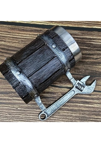 Bs Kupa 501-600 ml Reçine Taklit 3D Meşe Fıçı Bira Kupa Stein Paslanmaz Çelik Astar ile Ortaçağ Iskandinav Viking Runes Sembolü Kahve Içecek Fincan (Yurt Dışından)
