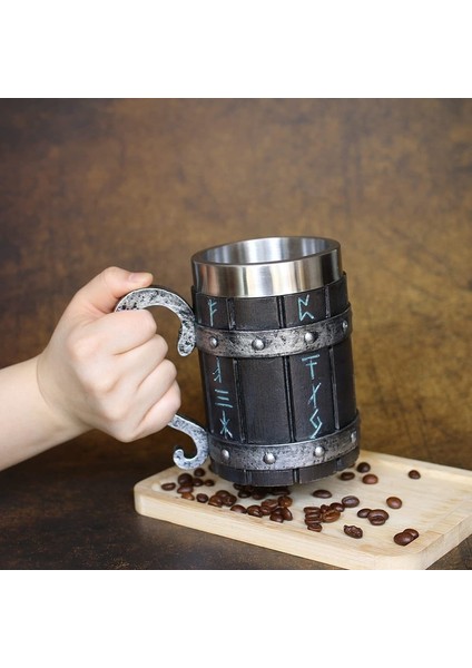Bs Kupa 501-600 ml Reçine Taklit 3D Meşe Fıçı Bira Kupa Stein Paslanmaz Çelik Astar ile Ortaçağ Iskandinav Viking Runes Sembolü Kahve Içecek Fincan (Yurt Dışından)