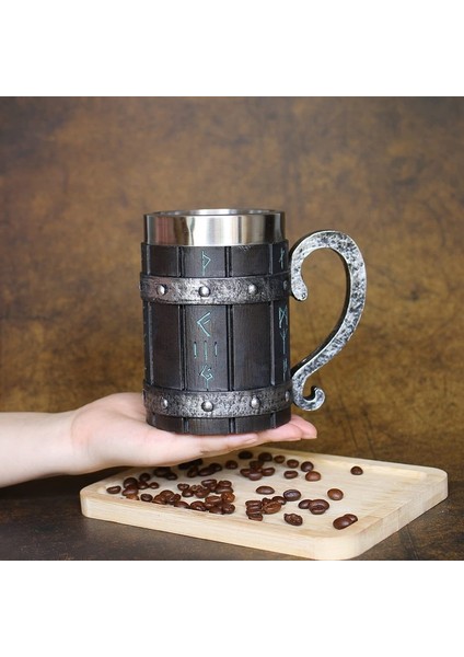 Bs Kupa 501-600 ml Reçine Taklit 3D Meşe Fıçı Bira Kupa Stein Paslanmaz Çelik Astar ile Ortaçağ Iskandinav Viking Runes Sembolü Kahve Içecek Fincan (Yurt Dışından)