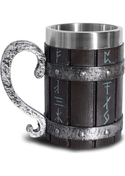 Bs Kupa 501-600 ml Reçine Taklit 3D Meşe Fıçı Bira Kupa Stein Paslanmaz Çelik Astar ile Ortaçağ Iskandinav Viking Runes Sembolü Kahve Içecek Fincan (Yurt Dışından)