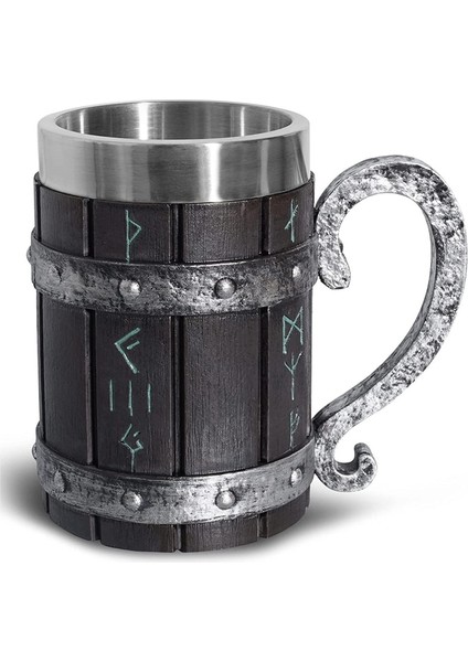 Bs Kupa 501-600 ml Reçine Taklit 3D Meşe Fıçı Bira Kupa Stein Paslanmaz Çelik Astar ile Ortaçağ Iskandinav Viking Runes Sembolü Kahve Içecek Fincan (Yurt Dışından)