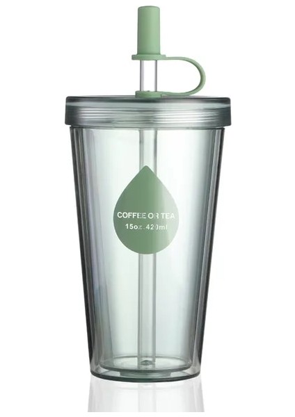 420 ml Yeşil 1 Adet Plastik Süt Çay Bardağı Çift Duvar Yalıtımlı Bpa Ücretsiz Kahve Meyve Suyu Şeffaf Kapaklı Bardak Saman Bardak (Yurt Dışından)