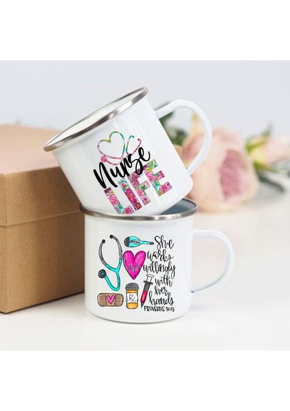 UXH207735-A015WH 360ML Hemşire Yaşam Baskı Kupalar Yaratıcı Kahve Fincanları Içecekler Tatlı Kahvaltı Süt Kupası Emaye Kupalar Kolu Drinkware Hemşire Için En Iyi Hediyeler (Yurt Dışından)