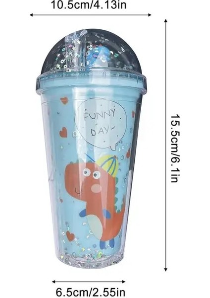 Mavi Dinozor Damlatmaz Bardak 450 ml Çift Katmanlı Saman Bardak Çift Katmanlı Dino Yalıtımlı Su Şişesi Sevimli Su Bardağı Payet Olarak Seyahat Için (Yurt Dışından)