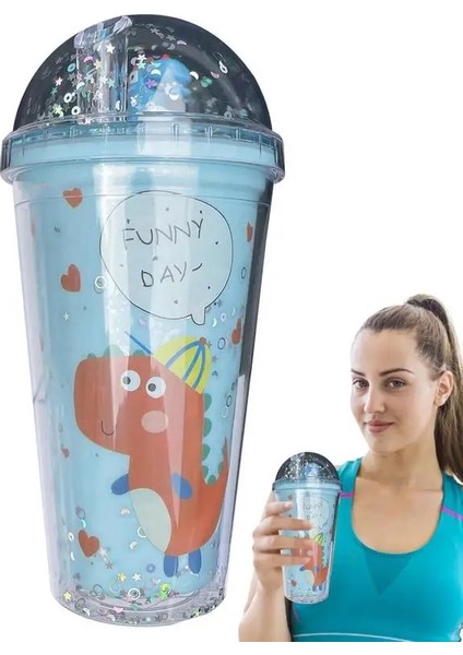 Mavi Dinozor Damlatmaz Bardak 450 ml Çift Katmanlı Saman Bardak Çift Katmanlı Dino Yalıtımlı Su Şişesi Sevimli Su Bardağı Payet Olarak Seyahat Için (Yurt Dışından)