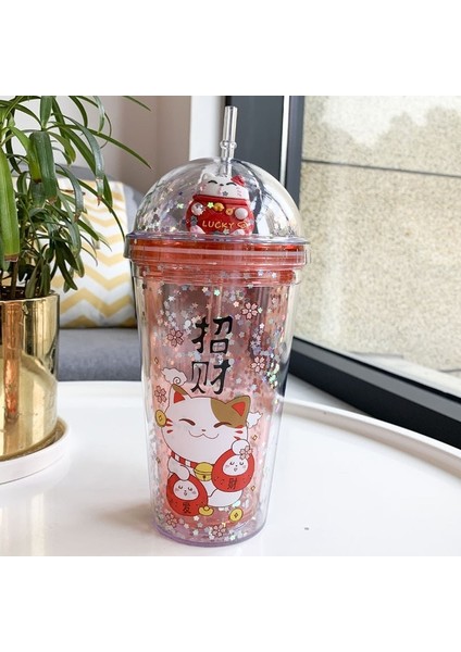 Kırmızı 450 ml Karikatür Saman Plastik Kapaklı Bardak Payet Çift Payet Fincan Taşınabilir Egzersiz Saman Bardak Yaratıcı Moda Taşınabilir Kedi Bebek Kupa (Yurt Dışından)