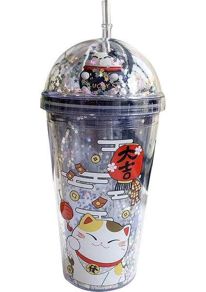 Kırmızı 450 ml Karikatür Saman Plastik Kapaklı Bardak Payet Çift Payet Fincan Taşınabilir Egzersiz Saman Bardak Yaratıcı Moda Taşınabilir Kedi Bebek Kupa (Yurt Dışından)