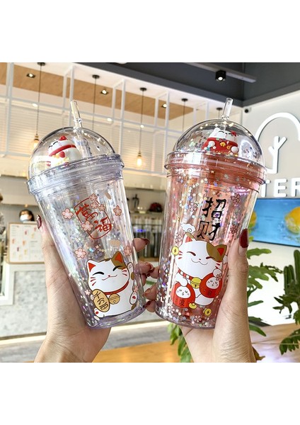 Kırmızı 450 ml Karikatür Saman Plastik Kapaklı Bardak Payet Çift Payet Fincan Taşınabilir Egzersiz Saman Bardak Yaratıcı Moda Taşınabilir Kedi Bebek Kupa (Yurt Dışından)