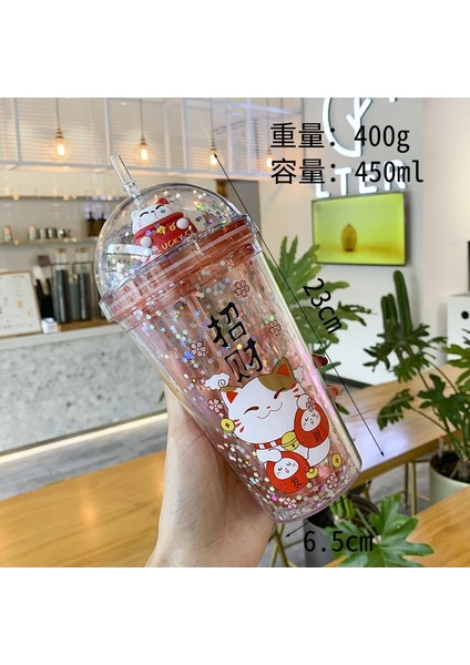 Kırmızı 450 ml Karikatür Saman Plastik Kapaklı Bardak Payet Çift Payet Fincan Taşınabilir Egzersiz Saman Bardak Yaratıcı Moda Taşınabilir Kedi Bebek Kupa (Yurt Dışından)