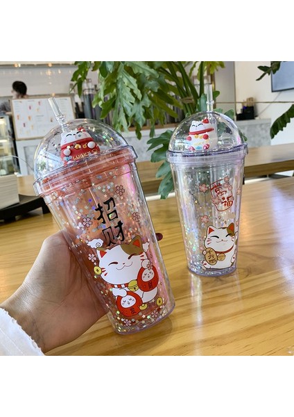 Kırmızı 450 ml Karikatür Saman Plastik Kapaklı Bardak Payet Çift Payet Fincan Taşınabilir Egzersiz Saman Bardak Yaratıcı Moda Taşınabilir Kedi Bebek Kupa (Yurt Dışından)