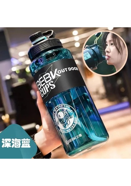 Mavi 1.7l 2 Litre Motivasyon Su Pipetli Şişe Içme Şişesi Büyük Kapasiteli Spor Sürahiler Taşınabilir Seyahat Spor Plastik Su Bardağı (Yurt Dışından)