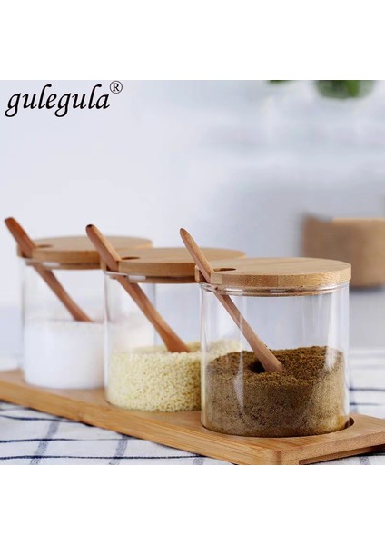 L Mutfak Baharat Aracı Cam Şişe Şeker Tuz Depolama Kavanoz Baharat Kavanoz Tahta Kaşık ile Mutfak Aksesuarları Baharat Rafı Baharat Kutusu (Yurt Dışından) fiyatları