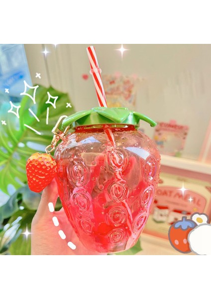 Pembe 501-600ML 500ML Yaz Sevimli Çilek Saman Su Şişesi Karikatür Gıda Sınıfı Pp Geniş Uygulama Süt Kahve Saman Bardağı Ev Drinkware (Yurt Dışından)