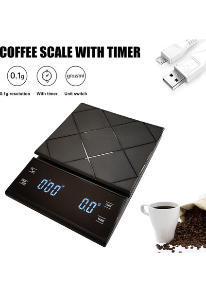 Zamanlayıcı ile Şarj Edilebilir Kahve Terazisi 0.3-3000G Damla Kahve Hassas Dijital Mutfak Terazisi Üzerine Dökün Dara G/oz/ml Ünitesi Arka Işık LED Ekran (Yurt Dışından)