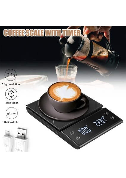 Zamanlayıcı ile Şarj Edilebilir Kahve Terazisi 0.3-3000G Damla Kahve Hassas Dijital Mutfak Terazisi Üzerine Dökün Dara G/oz/ml Ünitesi Arka Işık LED Ekran (Yurt Dışından)