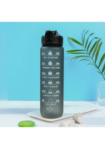 Siyah 1000 ml 1 Litre Su Şişesi Zaman Işaretleyici ve Saman ile Motivasyon Spor Sızdırmaz Içme Şişeleri Açık Seyahat Spor Salonu Fitness Için (Yurt Dışından)