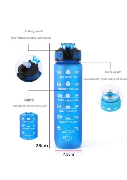 Siyah 1000 ml 1 Litre Su Şişesi Zaman Işaretleyici ve Saman ile Motivasyon Spor Sızdırmaz Içme Şişeleri Açık Seyahat Spor Salonu Fitness Için (Yurt Dışından)