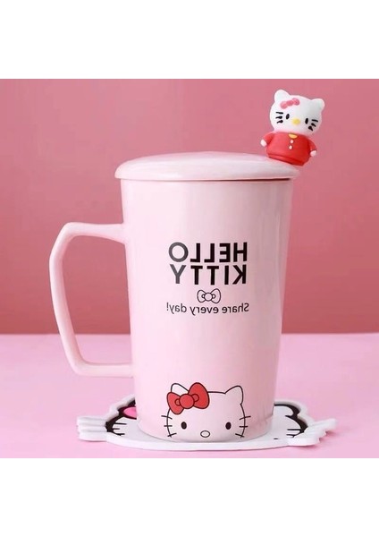 A3 380 ml Sanrio Hello Kitty Sevimli Karikatür Tiki Seramik Kupa Kahve Fincanı Kapaklı Taşımak Kaşık Kahvaltı Süt Kupalar Ev Ofis Için (Yurt Dışından)