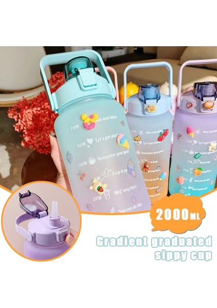 3pcs Set Pembe Resimde Görüldüğü Gibi Su Şişesi 2 Litre Büyük Kapasiteli Çıkartmalar Içme Şişesi Doğa Sporları Sızdırmaz Buzlu Bardak Zaman Işaretleyicili Drinkware (Yurt Dışından)