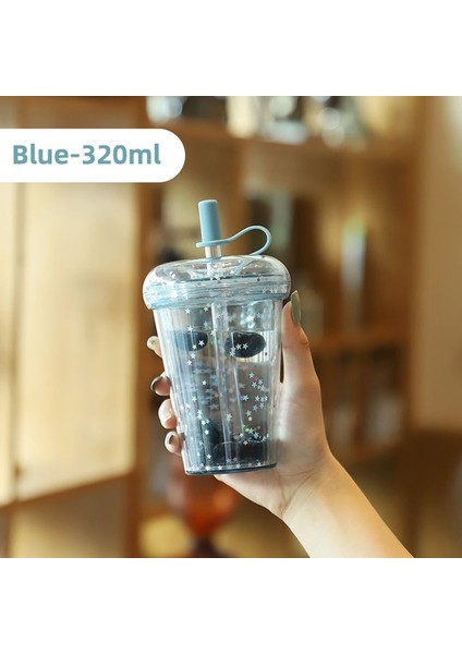 BLUE-320ML Obelix Sevimli Yıldız Glitter Şeffaf Saman Kapaklı Bardak Kahve Fincanları Yaz Soğuk Su Yeniden Kullanılabilir Bardak Plastik Tumbler Sippy Kupalar (Yurt Dışından)