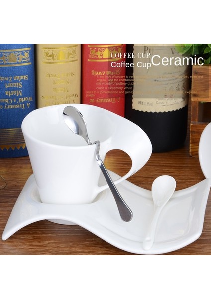 200ML Yaratıcı Dalgalı Espresso Fincan Tabak Seti Porselen Süt Kahvaltı Kupa Seramik Beyaz Çift Kupa 90ML/130ML/200ML300ML Çay Kahve Fincanı (Yurt Dışından)