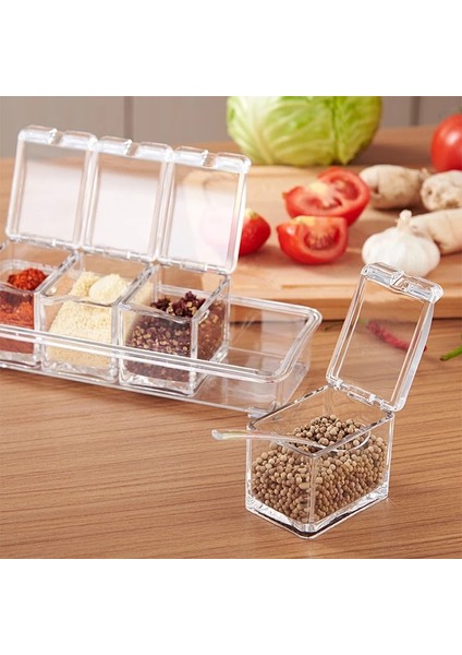 B03 Baharat Kutusu 4 In 1 Baharat Şişesi Şeffaf 4 Izgara Kaşıkla Baharat Kutusu Tuz Şeker Ot Baharat Saklama Kabı Mutfak Aksesuarları (Yurt Dışından)