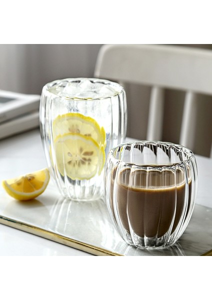 450 ml Çizgili Çift Katmanlı Bardak Tek Parça Şekillendirme Engelleme Yuva Çekiç Fincan Cam Çift Katmanlı Bardak Kalınlaşmış Haşlanma Önleyici Kahve Fincanı (Yurt Dışından)