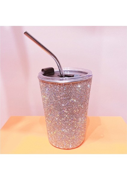 Beyaz 350ML Rhinestones Paslanmaz Çelik Bardak Bling Pipetli Bardak Su Şişesi Kahve Kupaları Suyu Soğuk Içecek Kristal Elmas Termos Tumbler (Yurt Dışından)