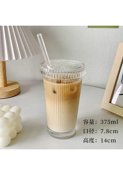 02 375ML 375ML Basit Şerit Cam Kapaklı Bardak ve Saman Şeffaf Kabarcık Çay Bardağı Meyve Suyu Bardağı Bira Kutusu Süt Mocha Bardak Kahvaltı Kupa (Yurt Dışından)