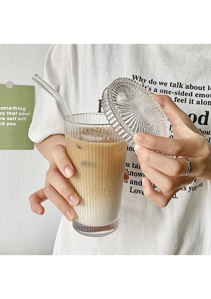 02 375ML 375ML Basit Şerit Cam Kapaklı Bardak ve Saman Şeffaf Kabarcık Çay Bardağı Meyve Suyu Bardağı Bira Kutusu Süt Mocha Bardak Kahvaltı Kupa (Yurt Dışından)